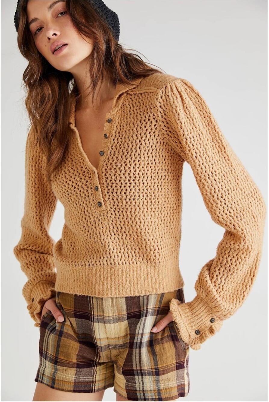 We The Free Snowdrift Pullover Sweater Open Knit Crochet Tan Sz L Boho Beach